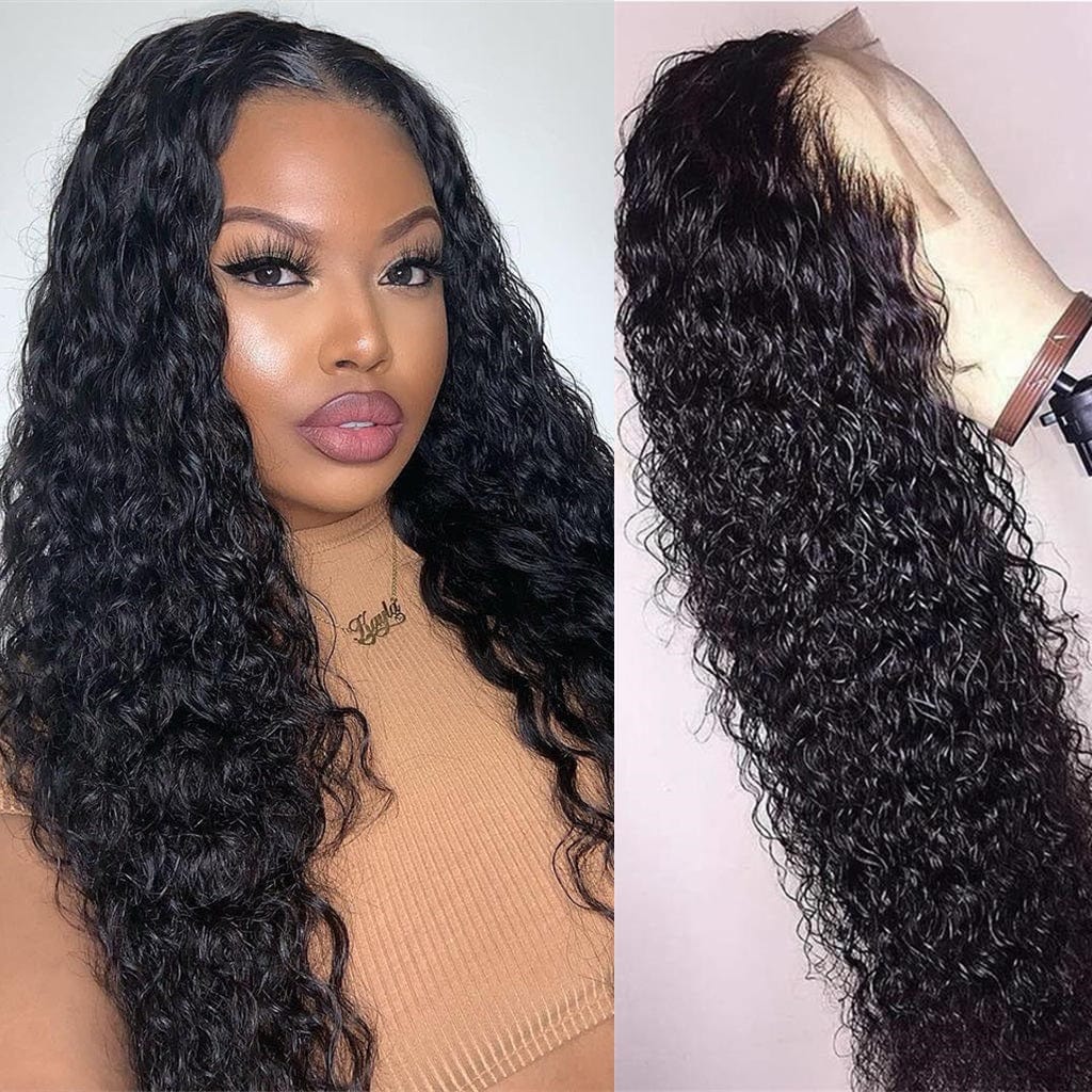 Queen Hair Inc Lace Frontal Wigs 13x4 Water Wave Human Hair Wigs 250% 180% Density #1B Natural Color
