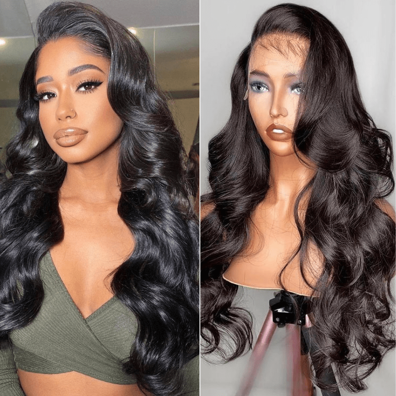 Queen Hair Inc Lace Frontal Wigs 13x4 Body Wave Human Hair Wigs 250% 180% Density #1B Natural Color
