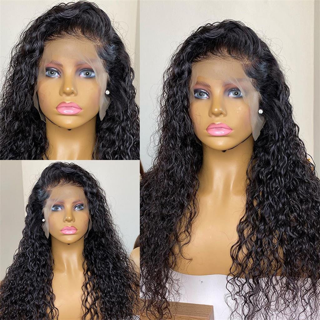 Queen Hair Inc Lace Frontal Wigs 13x4 Water Wave Human Hair Wigs 250% 180% Density #1B Natural Color